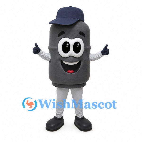 Gas Cylinder Mascot Costume in Gray with Navy Cap