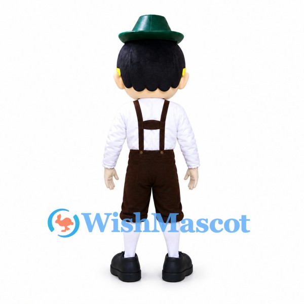 Boy Mascot Costume with Green Hat, Yellow Glasses and Suspenders