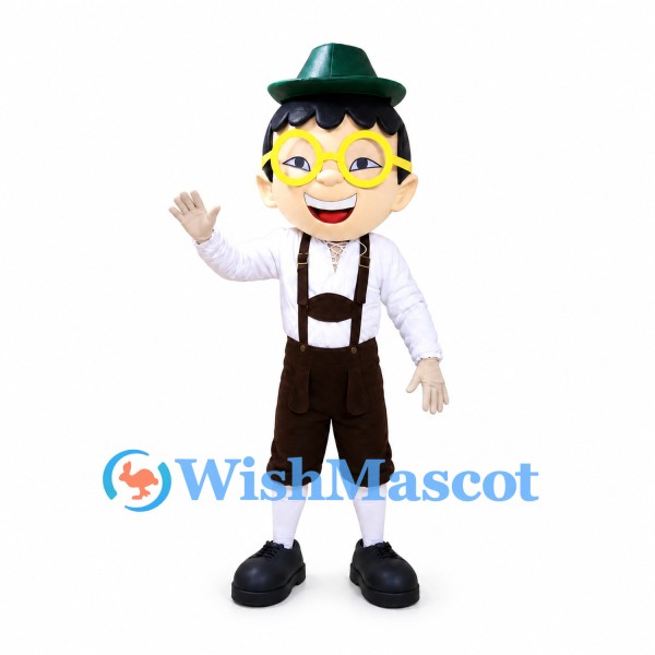 Boy Mascot Costume with Green Hat, Yellow Glasses and Suspenders
