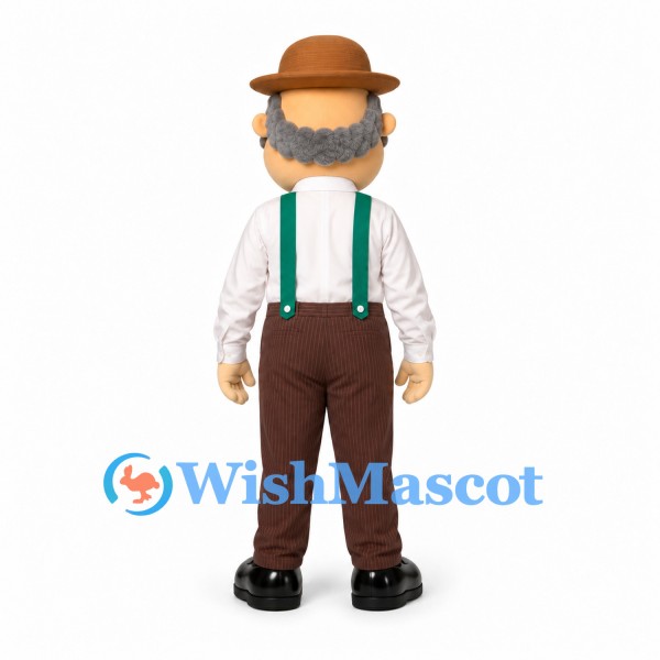 Man Mascot Costume with Brown Hat and Green Suspenders