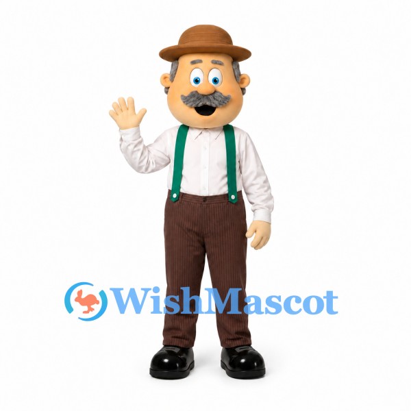 Man Mascot Costume with Brown Hat and Green Suspenders