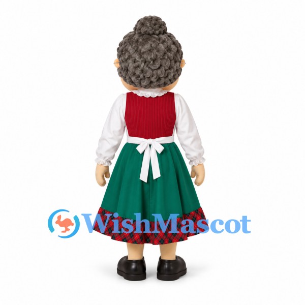 Woman Mascot Costume with Curly Gray Hair and White Apron