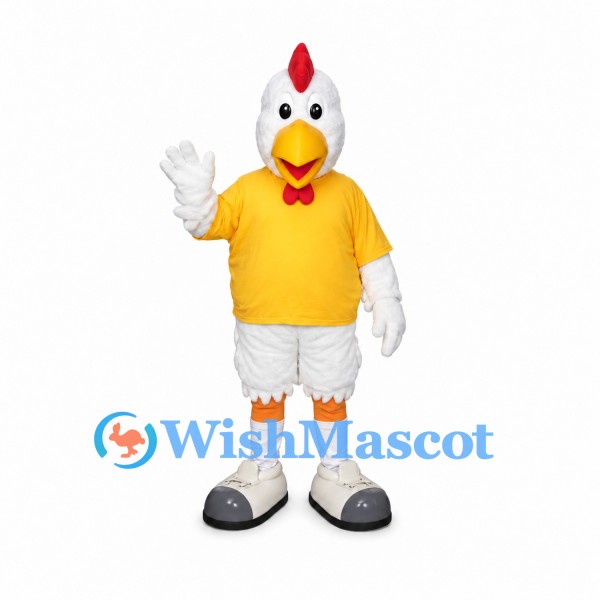 Rooster Mascot Costume in White with Yellow T-Shirt