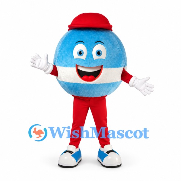 Egg Mascot Costume in Blue with Red Cap and White Stripe