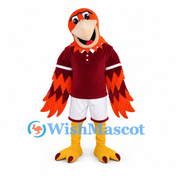 Parrot Mascot Costume in Orange with Burgundy Sports Shirt