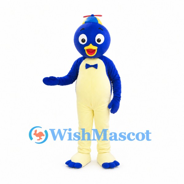 Penguin Mascot Costume in Blue and Cream with Propeller Cap