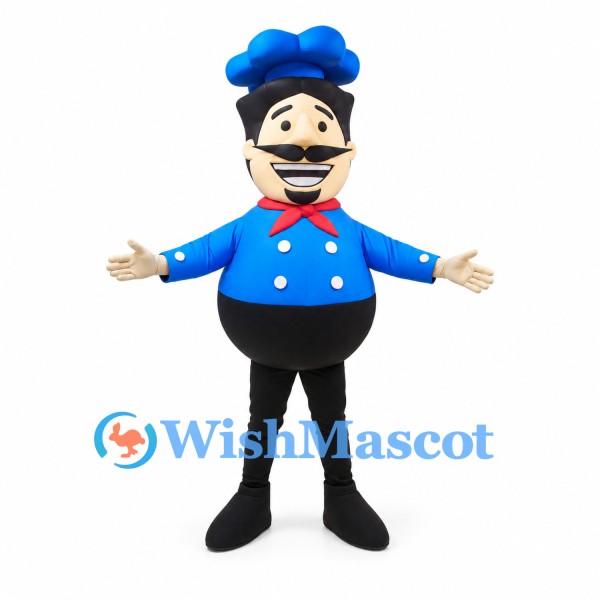 Chef Mascot Costume with Blue Hat and Red Neckerchief