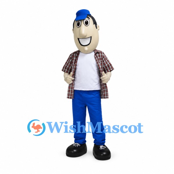 Man Mascot Costume with Blue Cap and Plaid Shirt