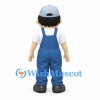 Worker Mascot Costume with Gray Cap and Blue Overalls