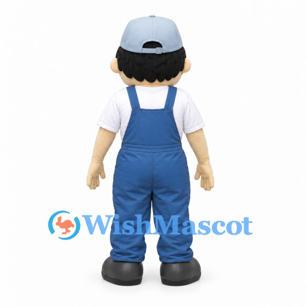 Worker Mascot Costume with Gray Cap and Blue Overalls