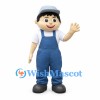 Worker Mascot Costume with Gray Cap and Blue Overalls