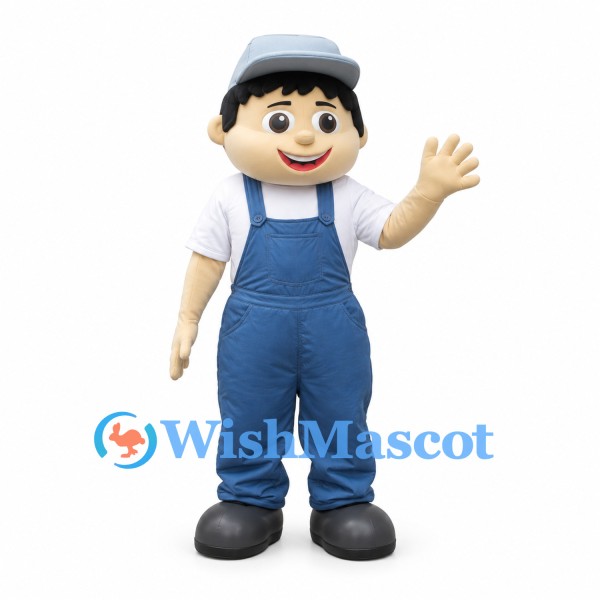 Worker Mascot Costume with Gray Cap and Blue Overalls