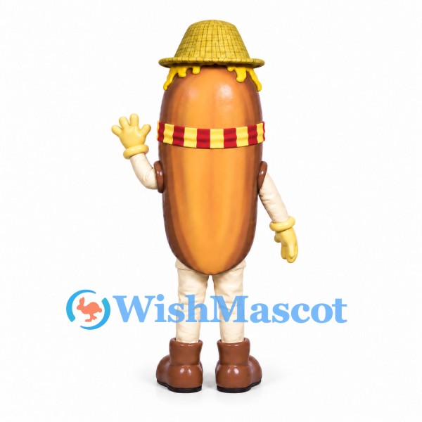 Hot Dog Mascot Costume with Straw Hat and Red Scarf