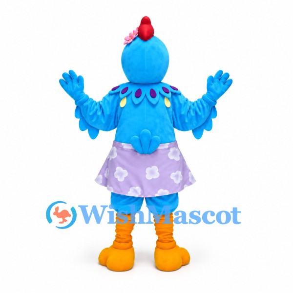 Chicken Mascot Costume in Blue with Purple Floral Skirt