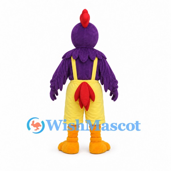 Rooster Mascot Costume in Purple with Yellow Suspender Shorts