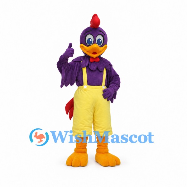 Rooster Mascot Costume in Purple with Yellow Suspender Shorts