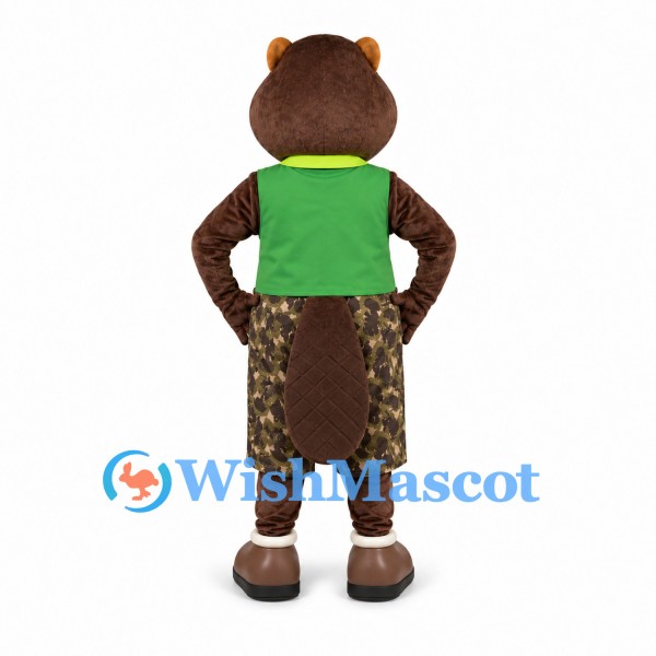 Beaver Mascot Costume with Green Vest and Camouflage Shorts