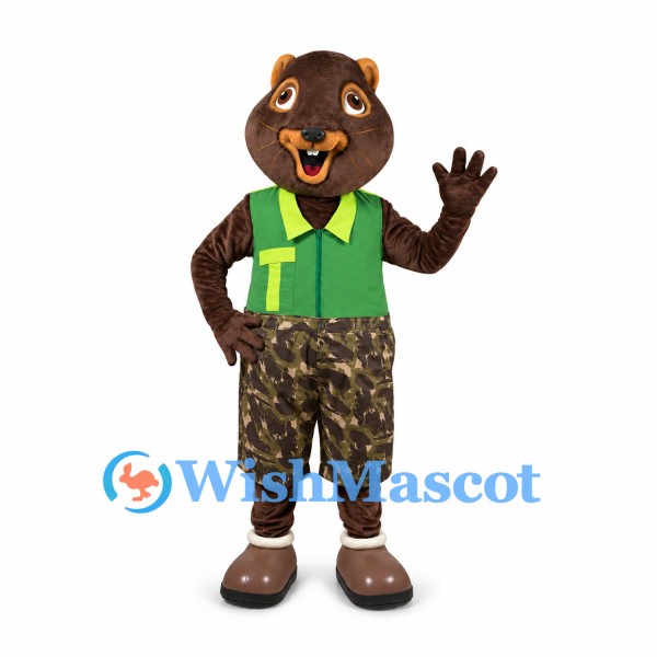 Beaver Mascot Costume with Green Vest and Camouflage Shorts