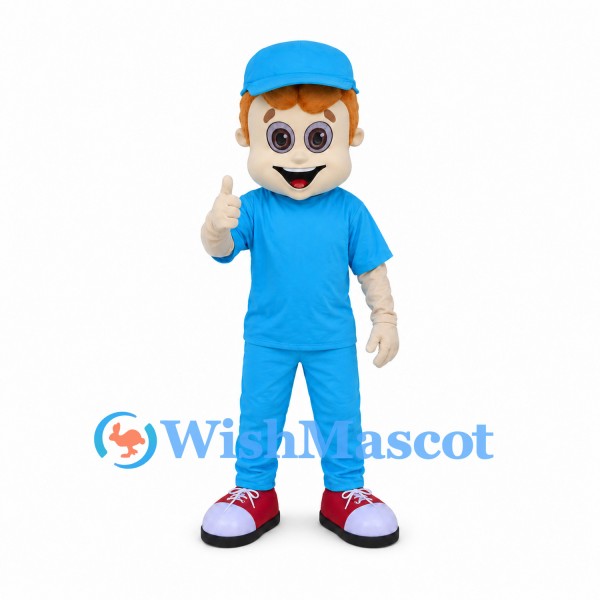 Boy Mascot Costume with Blue Cap and Matching Outfit