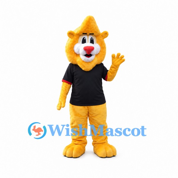 Lion Mascot Costume in Golden Yellow with Pointed Mane and Black Shirt