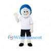 Boy Mascot Costume with Blue Curly Hair and White Sports Shirt