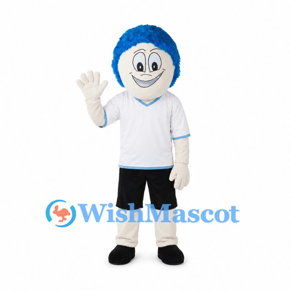 Boy Mascot Costume with Blue Curly Hair and White Sports Shirt