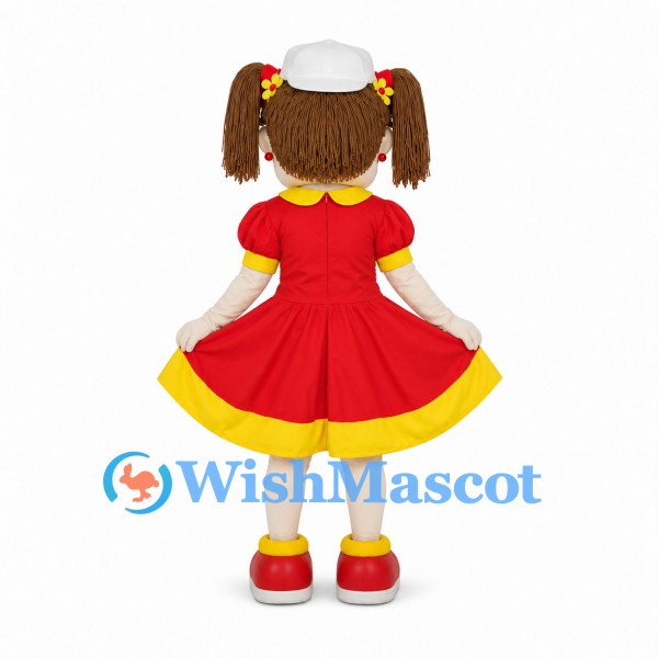 Girl Mascot Costume with Brown Pigtails and Red Dress