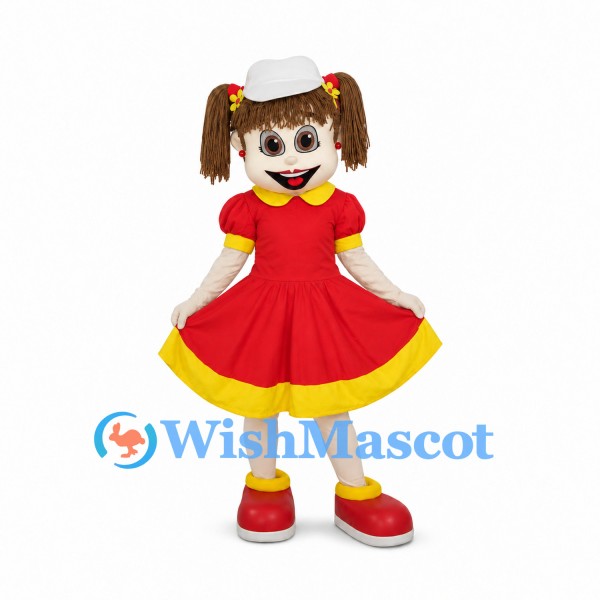 Girl Mascot Costume with Brown Pigtails and Red Dress