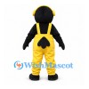 Bird Mascot Costume in Black with Yellow Overalls and Headphones