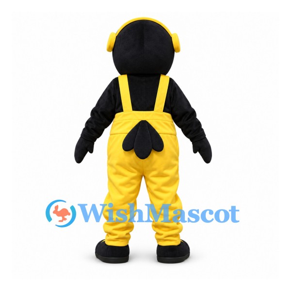 Bird Mascot Costume in Black with Yellow Overalls and Headphones