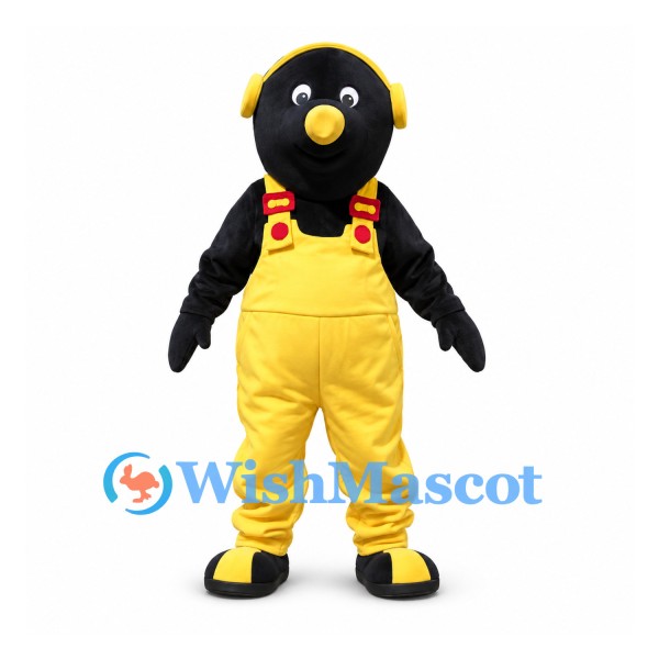 Bird Mascot Costume in Black with Yellow Overalls and Headphones