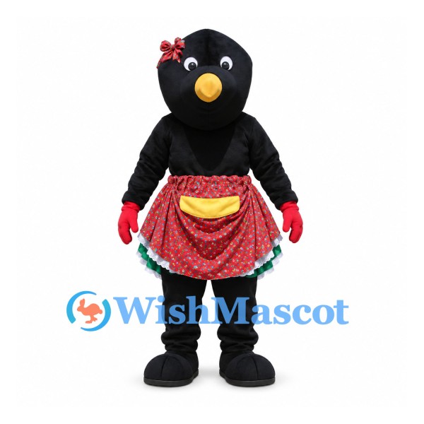 Bird Mascot Costume in Black with Red Floral Apron