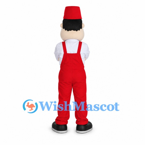 Man Mascot Costume with Red Fez and Red Overalls