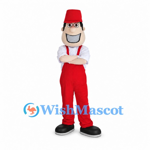 Man Mascot Costume with Red Fez and Red Overalls
