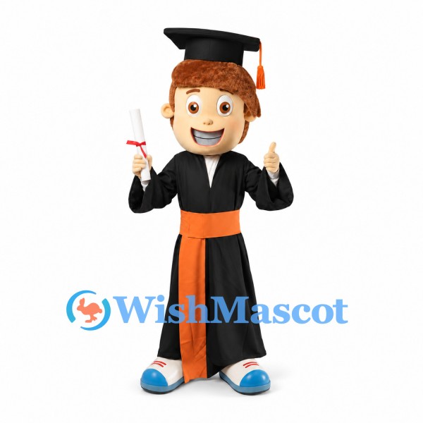 Graduate Mascot Costume with Black Gown and Orange Sash