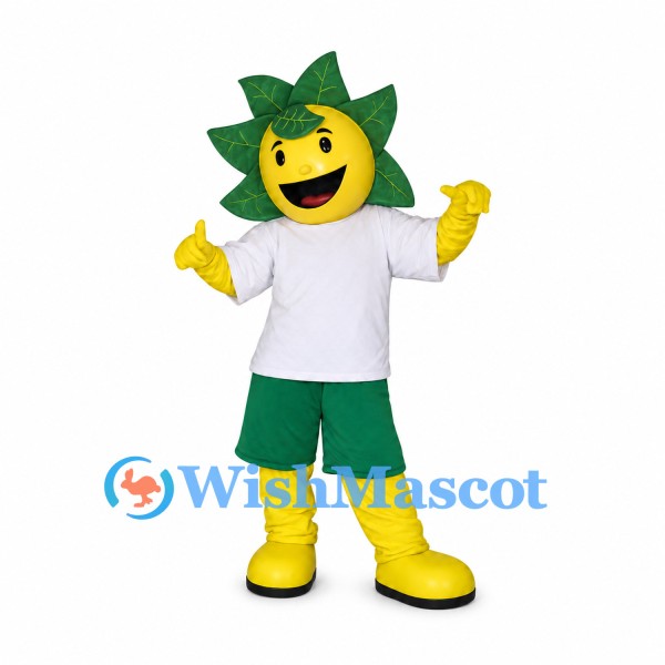 Sunflower Mascot Costume with White T-Shirt and Green Shorts