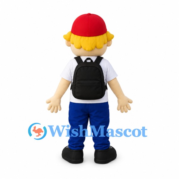Schoolboy Mascot Costume with Red Cap and Black Backpack