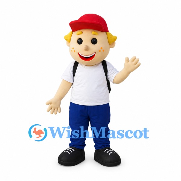 Schoolboy Mascot Costume with Red Cap and Black Backpack