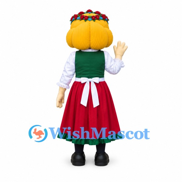 Woman Mascot Costume with Flower Crown and Traditional Red Skirt