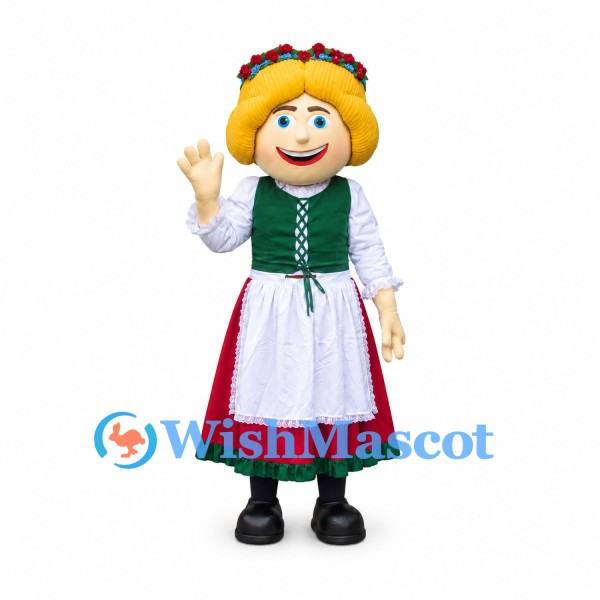 Woman Mascot Costume with Flower Crown and Traditional Red Skirt