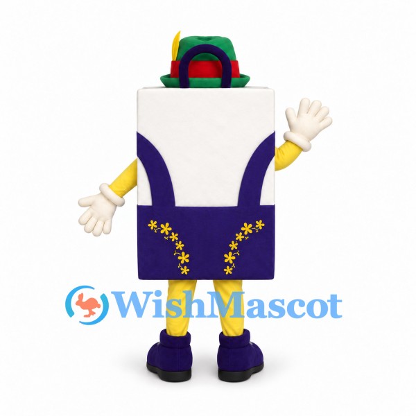 Shopping Bag Mascot Costume with Green Hat and Purple Overalls