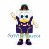 Shopping Bag Mascot Costume with Green Hat and Purple Overalls