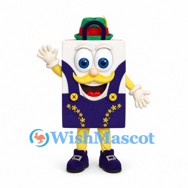 Shopping Bag Mascot Costume with Green Hat and Purple Overalls
