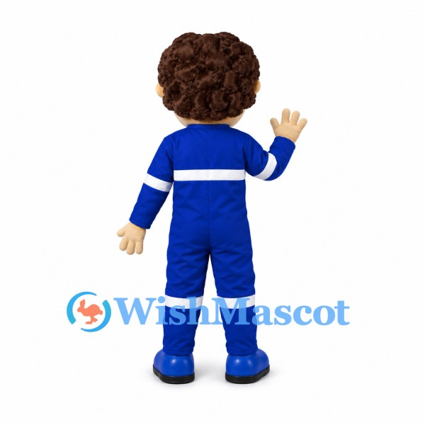 Worker Mascot Costume with Blue Coveralls and White Stripes