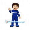 Worker Mascot Costume with Blue Coveralls and White Stripes