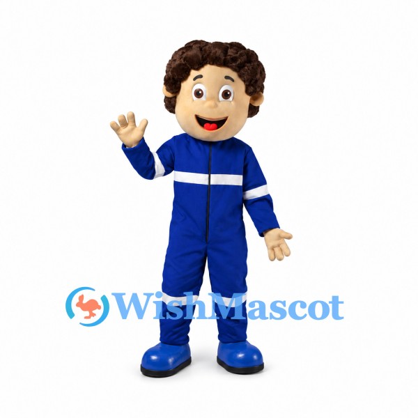 Worker Mascot Costume with Blue Coveralls and White Stripes