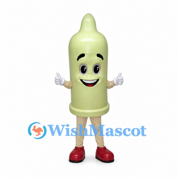 Condom Mascot Costume in Pale Green with Smiling Face