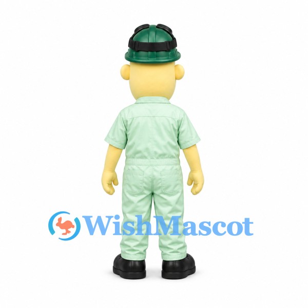Worker Mascot Costume with Green Hard Hat and Coveralls