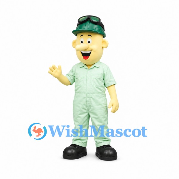 Worker Mascot Costume with Green Hard Hat and Coveralls