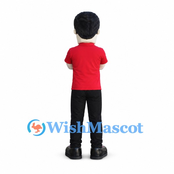 Man Mascot Costume with Black Hair and Red Polo Shirt